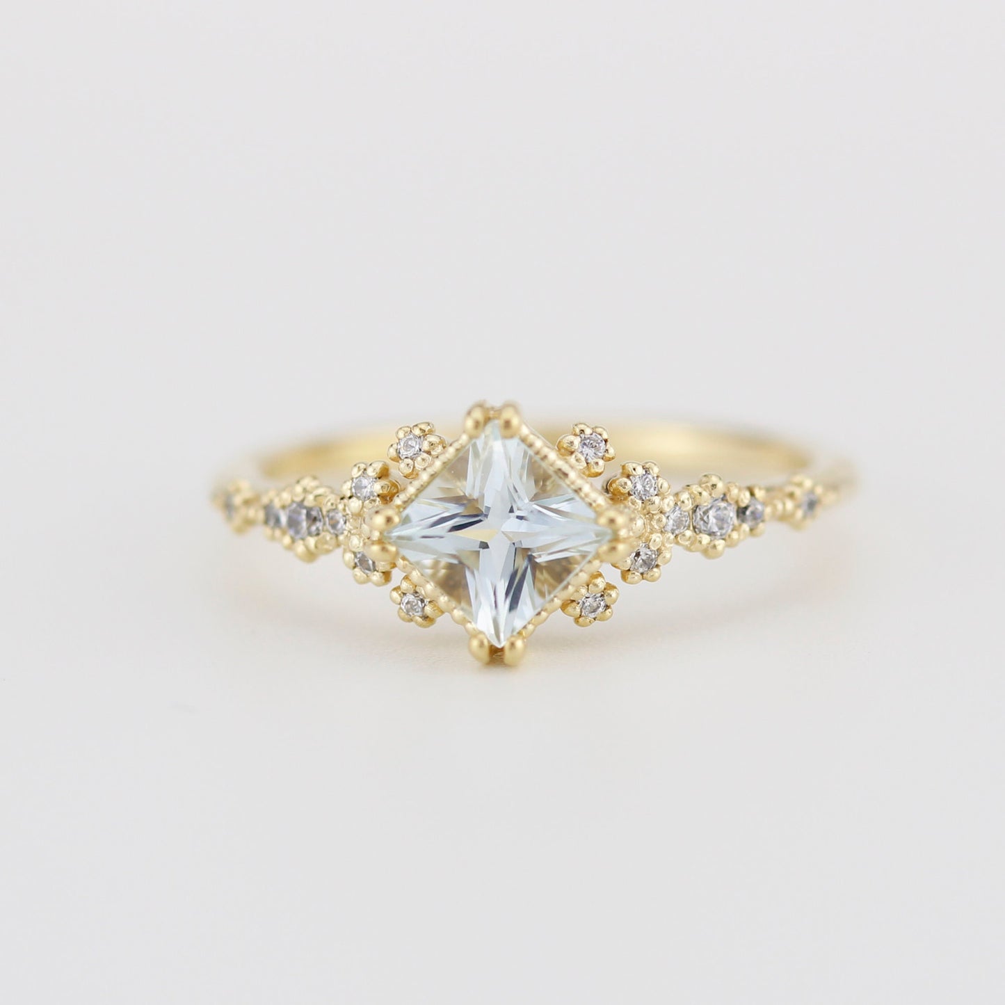 Aquamarine engagement ring vintage unique, princess cut engagement ring, vintage engagement ring R339AQ