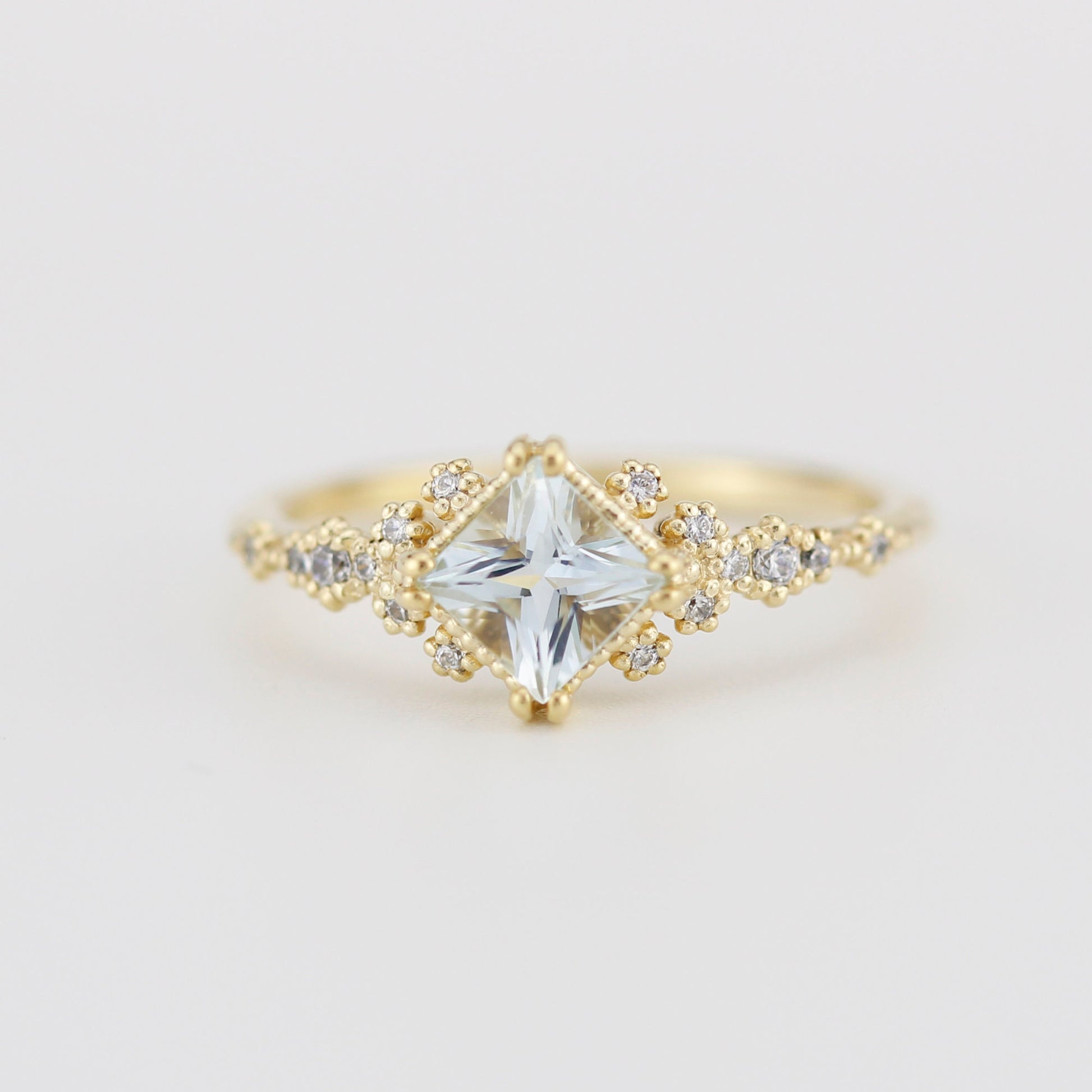 Aquamarine engagement ring vintage unique, princess cut engagement ring, vintage engagement ring R339AQ