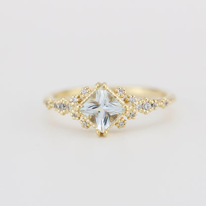 Aquamarine engagement ring vintage unique, princess cut engagement ring, vintage engagement ring R339AQ