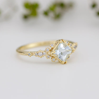 Aquamarine engagement ring vintage unique, princess cut engagement ring, vintage engagement ring R339AQ