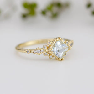 Aquamarine engagement ring vintage unique, princess cut engagement ring, vintage engagement ring R339AQ