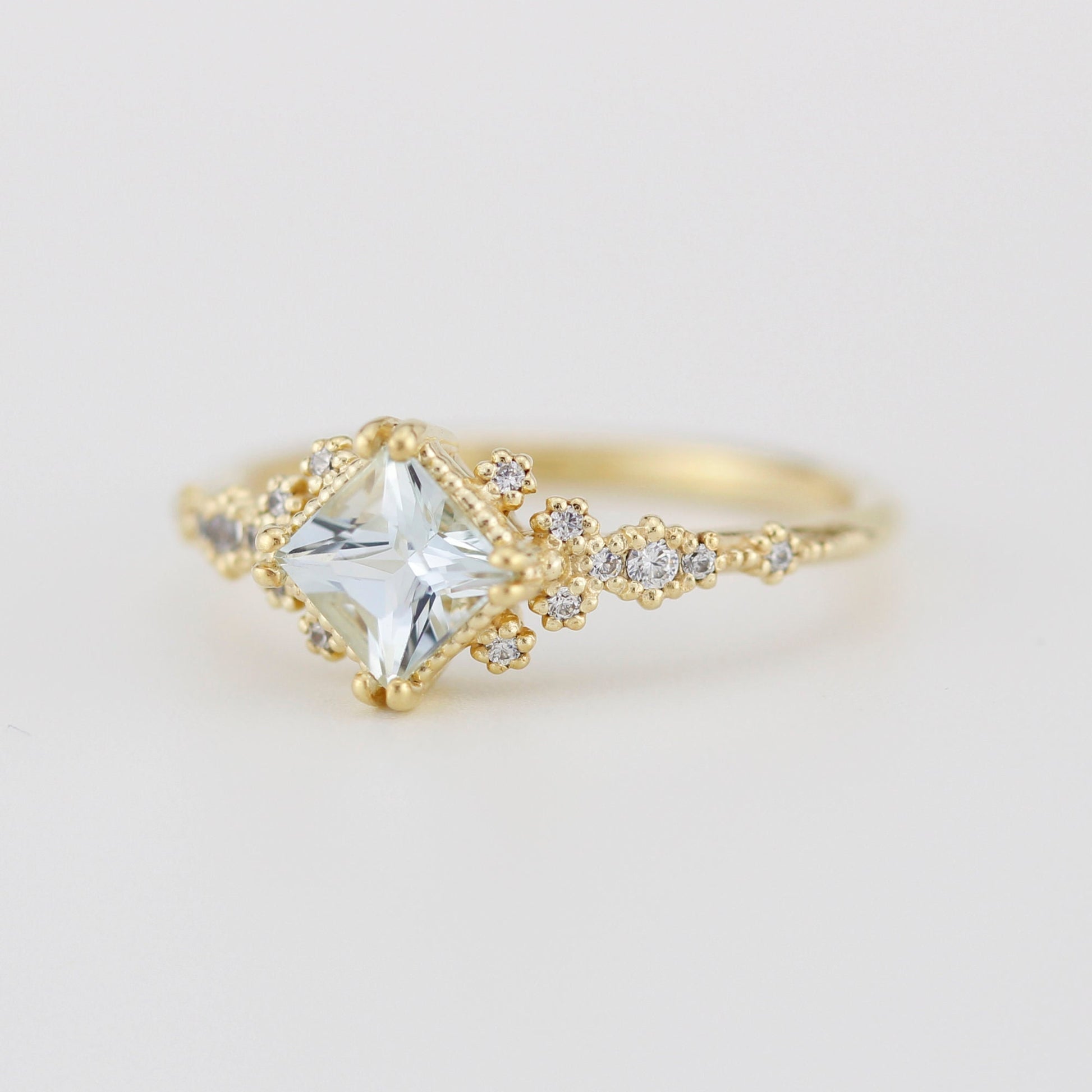 Aquamarine engagement ring vintage unique, princess cut engagement ring, vintage engagement ring R339AQ