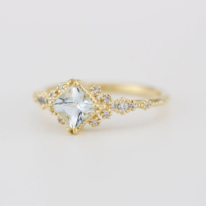 Aquamarine engagement ring vintage unique, princess cut engagement ring, vintage engagement ring R339AQ