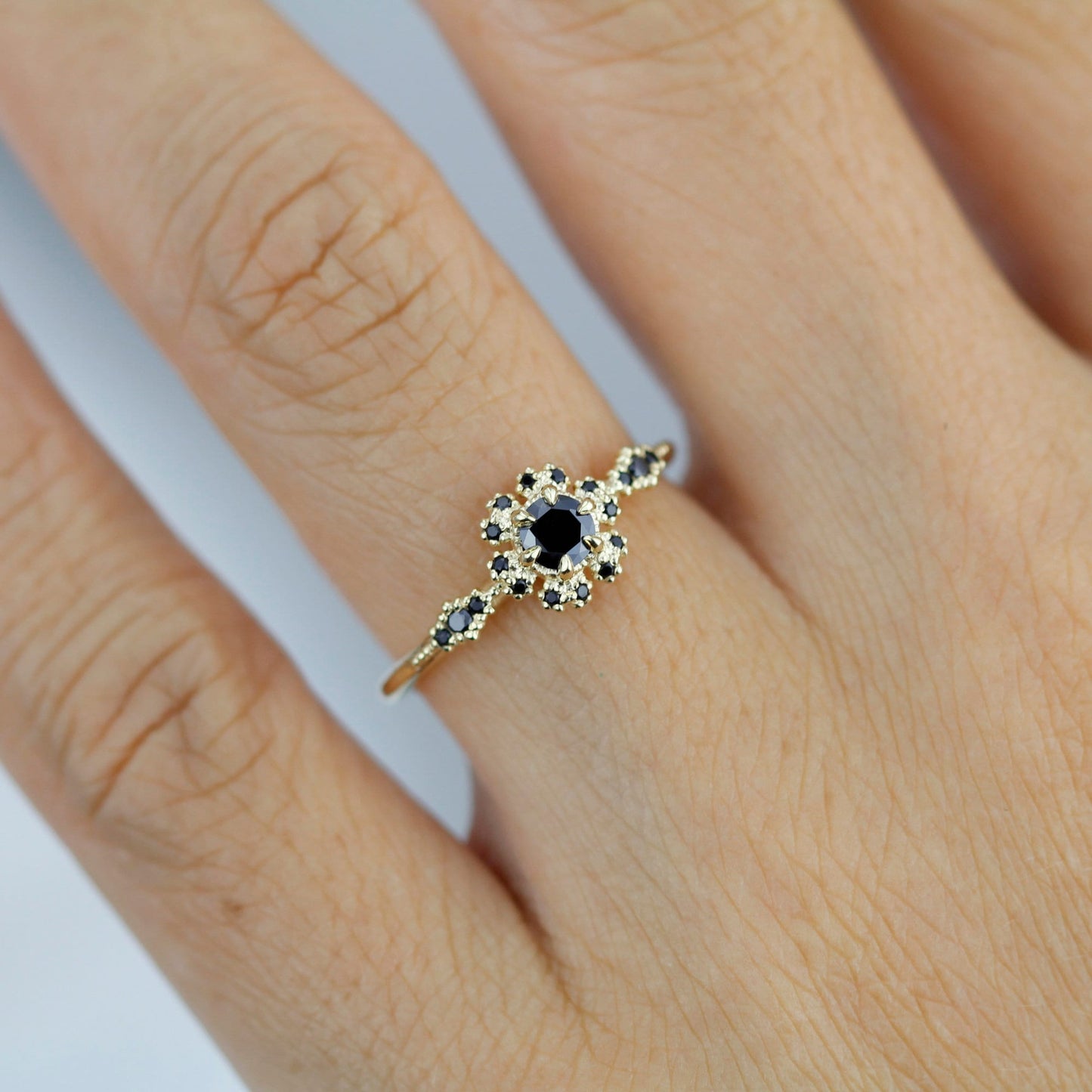 Round halo engagement ring, black diamond ring  | R 341BD - NOOI JEWELRY