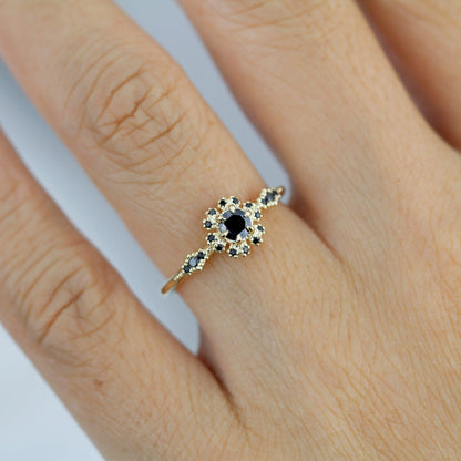 Round halo engagement ring, black diamond ring  | R 341BD - NOOI JEWELRY