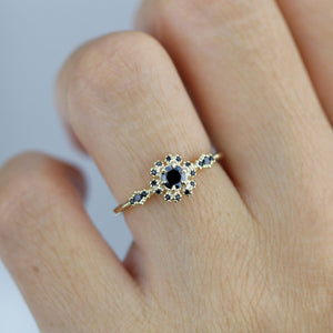Round halo engagement ring, black diamond ring  | R 341BD - NOOI JEWELRY