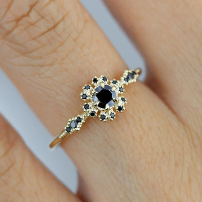 Round halo engagement ring, black diamond ring  | R 341BD - NOOI JEWELRY