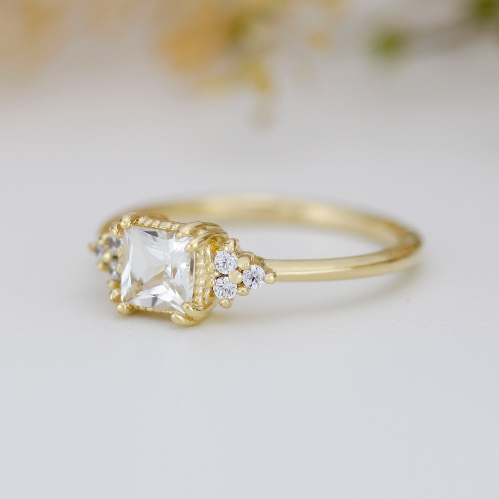 Princess cut engagement ring, diamond ring, simple ring, white topaz and diamond ring, simple diamond ring | R 344WT