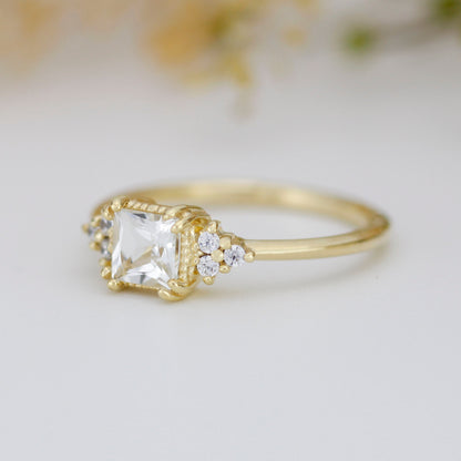 Princess cut engagement ring, diamond ring, simple ring, white topaz and diamond ring, simple diamond ring | R 344WT
