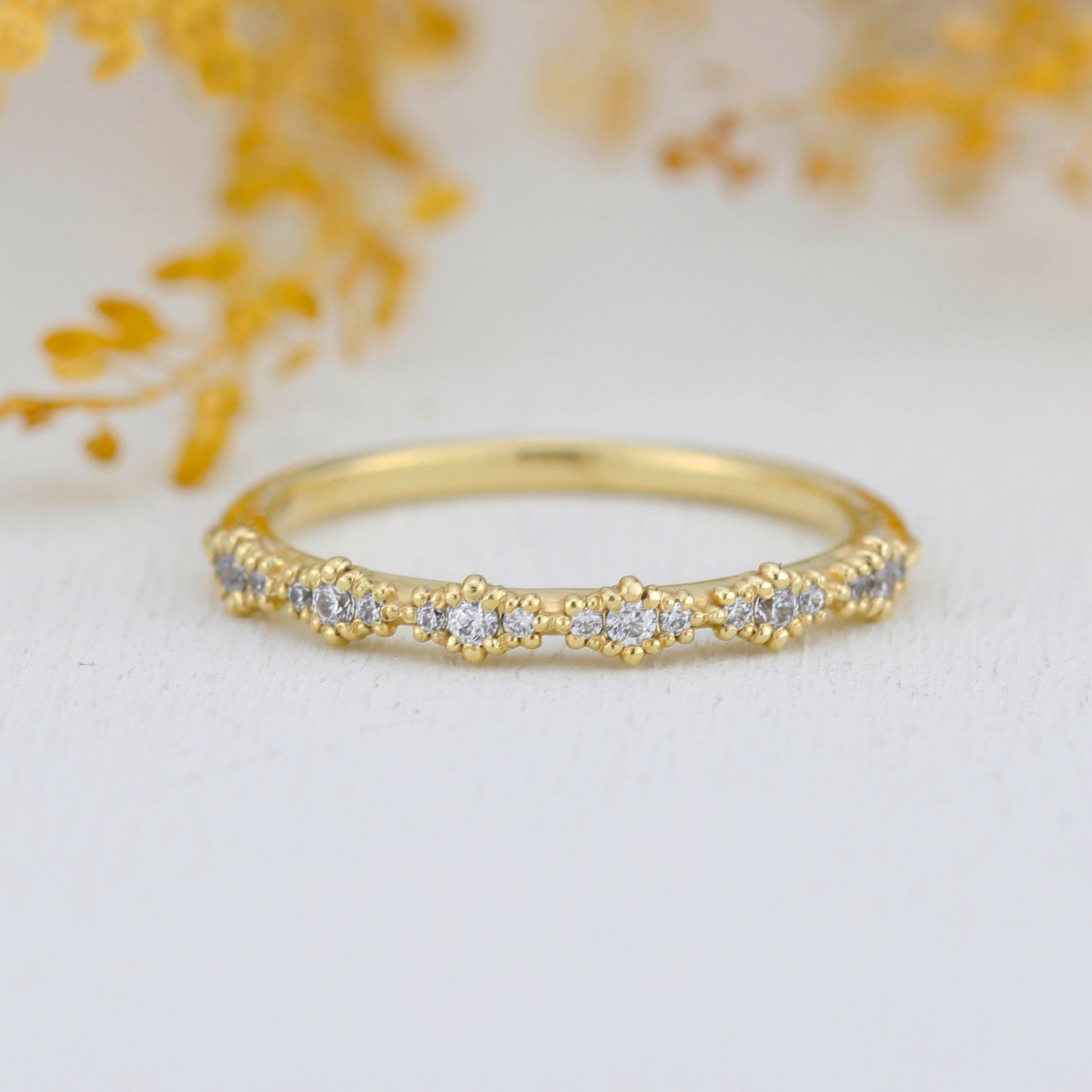 Diamond eternity band, vintage diamond engagement ring, half eternity band, Lace wedding band, Delicate gold lace ring | R 346WD