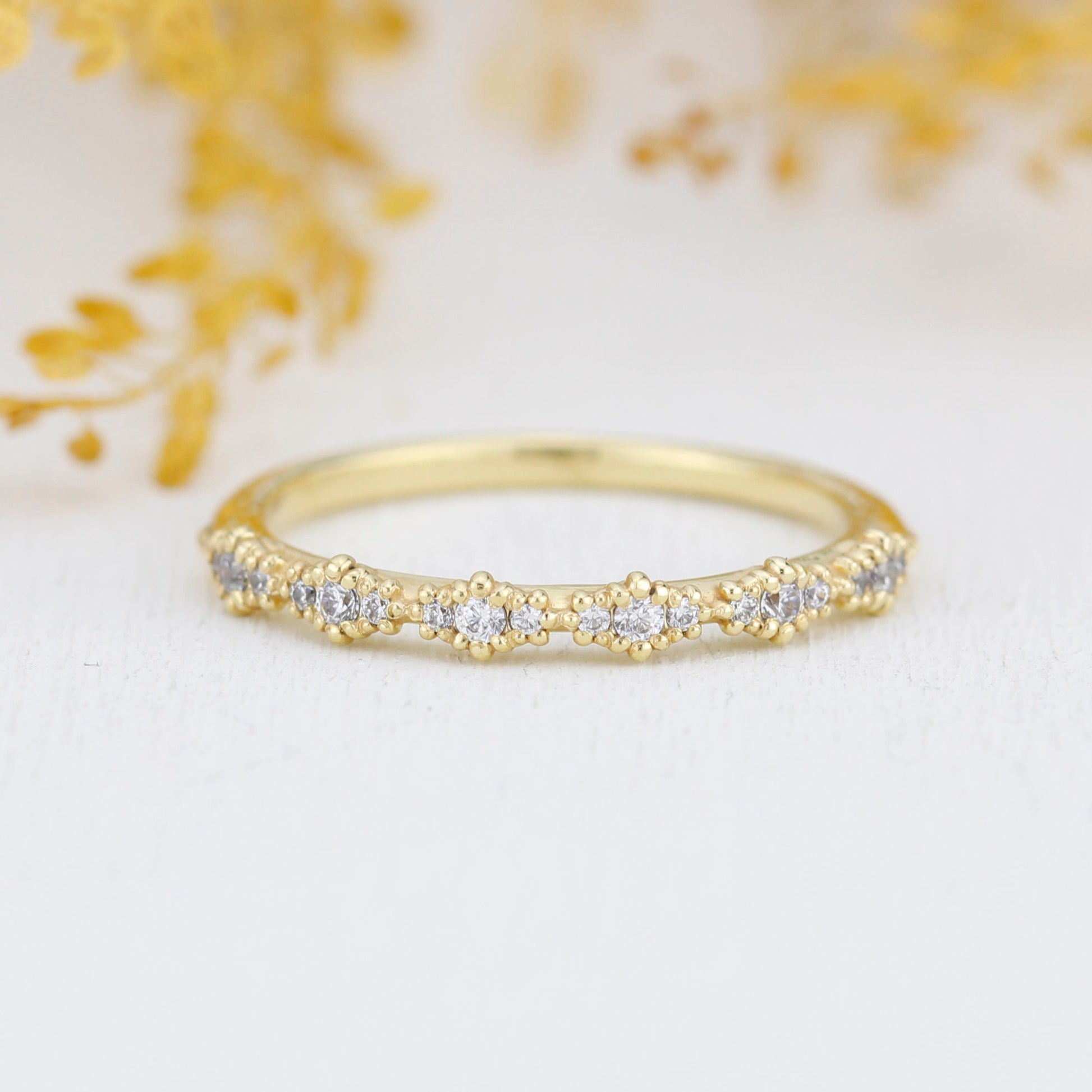 Diamond eternity band, vintage diamond engagement ring, half eternity band, Lace wedding band, Delicate gold lace ring | R 346WD