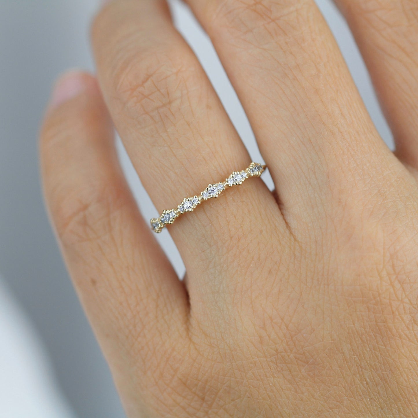 Diamond eternity band, vintage diamond engagement ring, half eternity band, Lace wedding band, Delicate gold lace ring | R 346WD