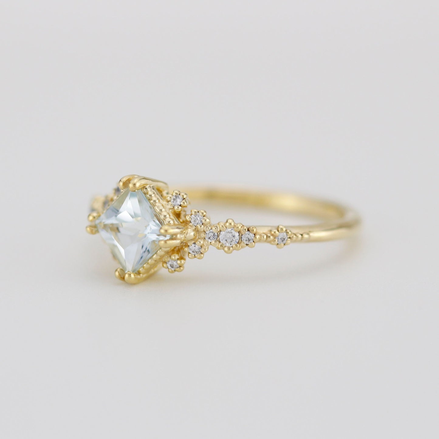 Aquamarine engagement ring vintage unique, princess cut engagement ring, vintage engagement ring R339AQ