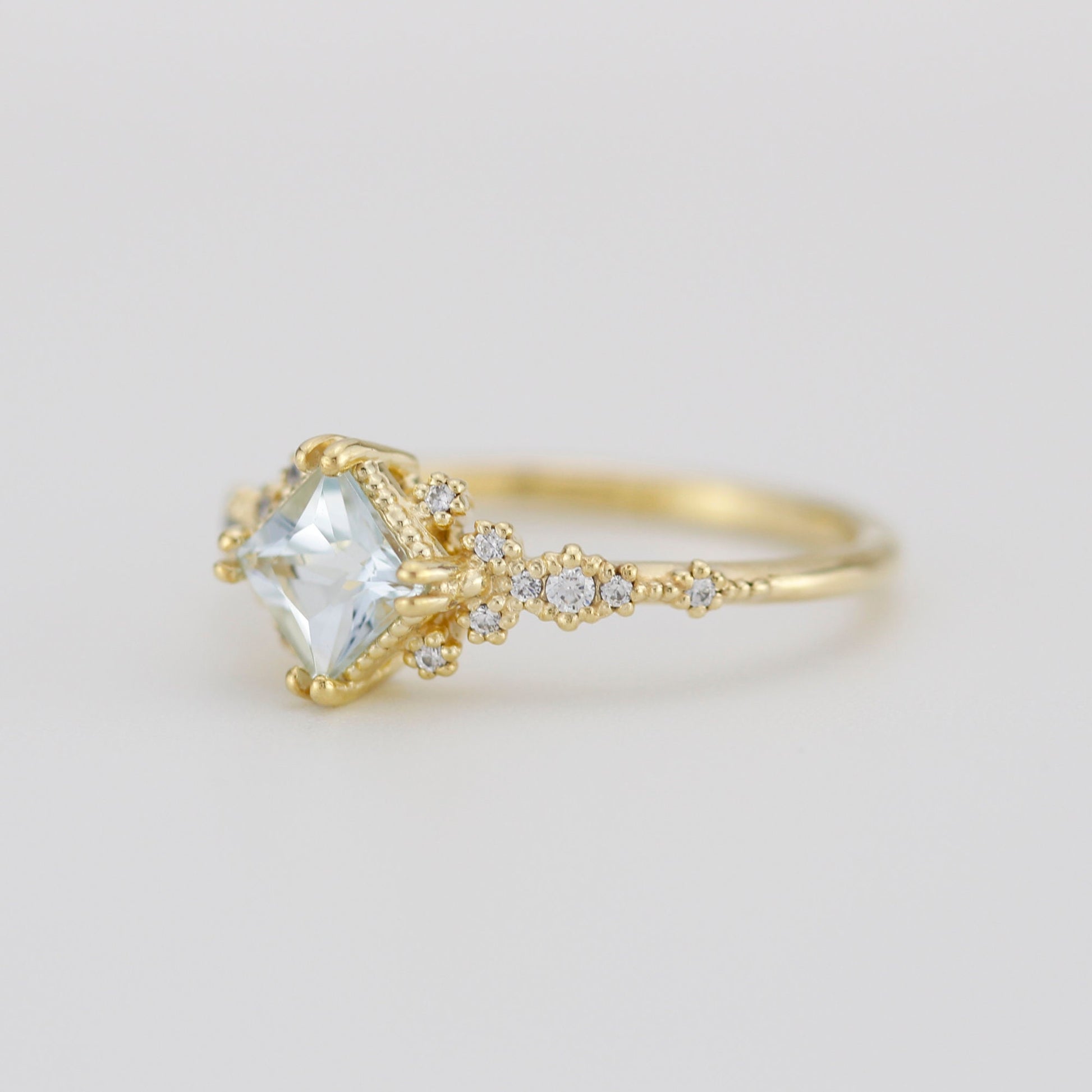 Aquamarine engagement ring vintage unique, princess cut engagement ring, vintage engagement ring R339AQ