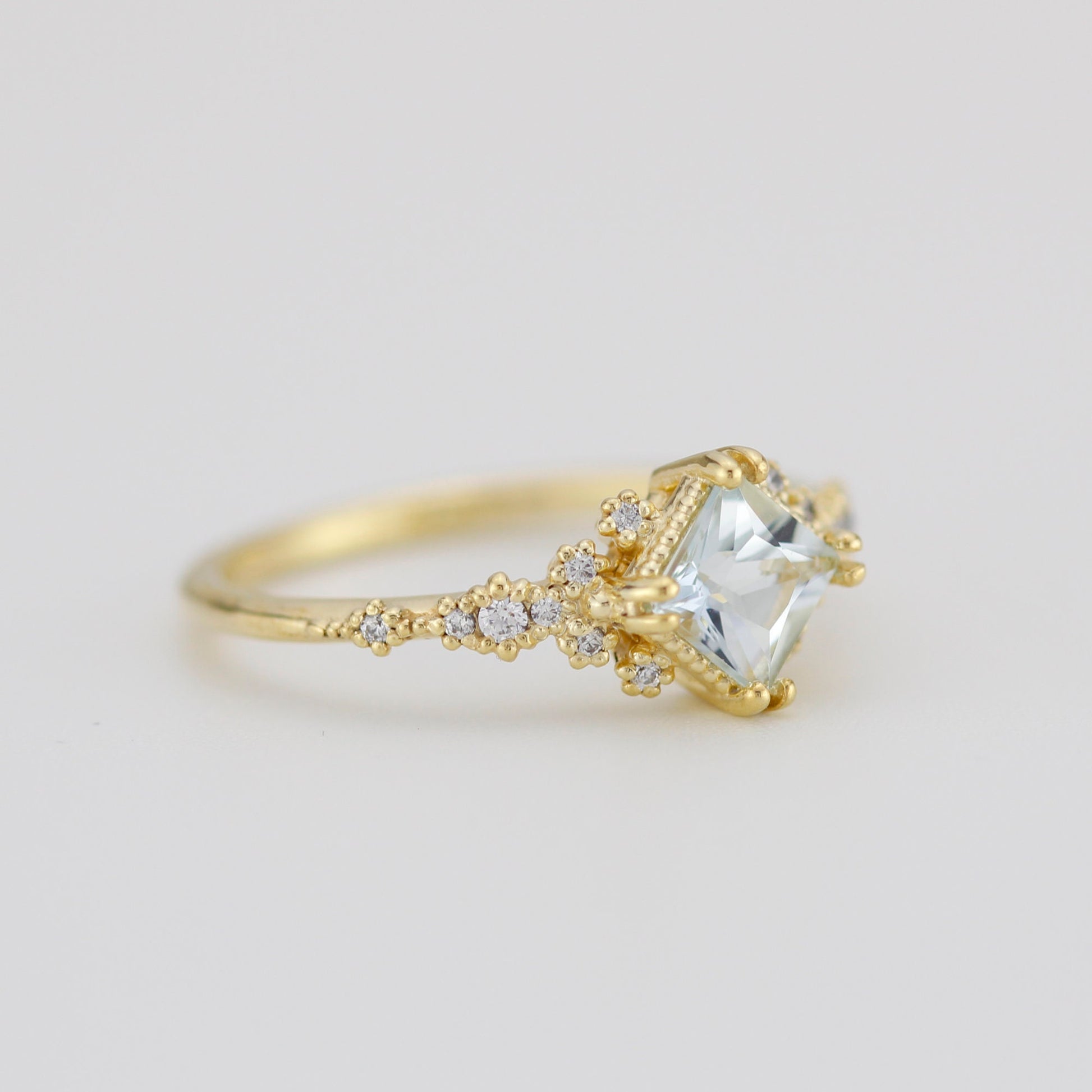 Aquamarine engagement ring vintage unique, princess cut engagement ring, vintage engagement ring R339AQ