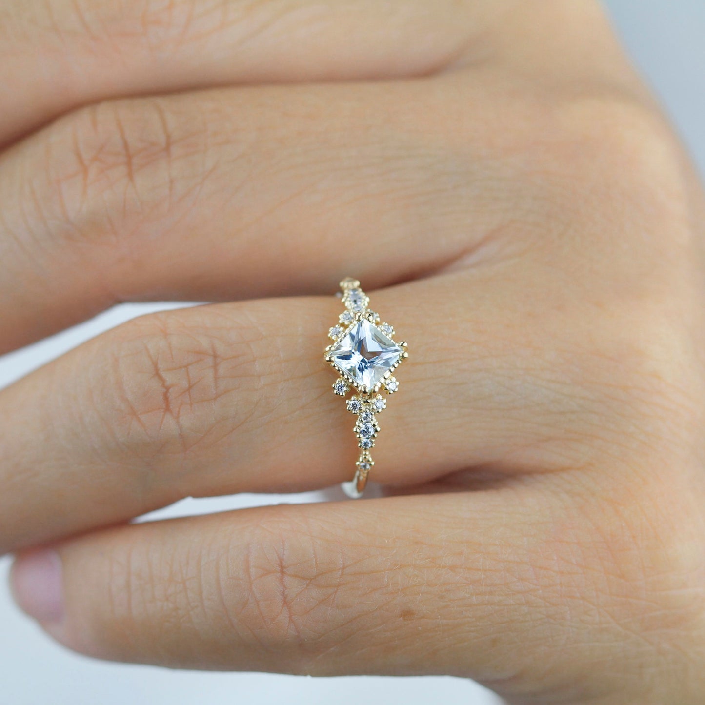 Aquamarine engagement ring vintage unique, princess cut engagement ring, vintage engagement ring R339AQ