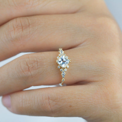 Aquamarine engagement ring vintage unique, princess cut engagement ring, vintage engagement ring R339AQ