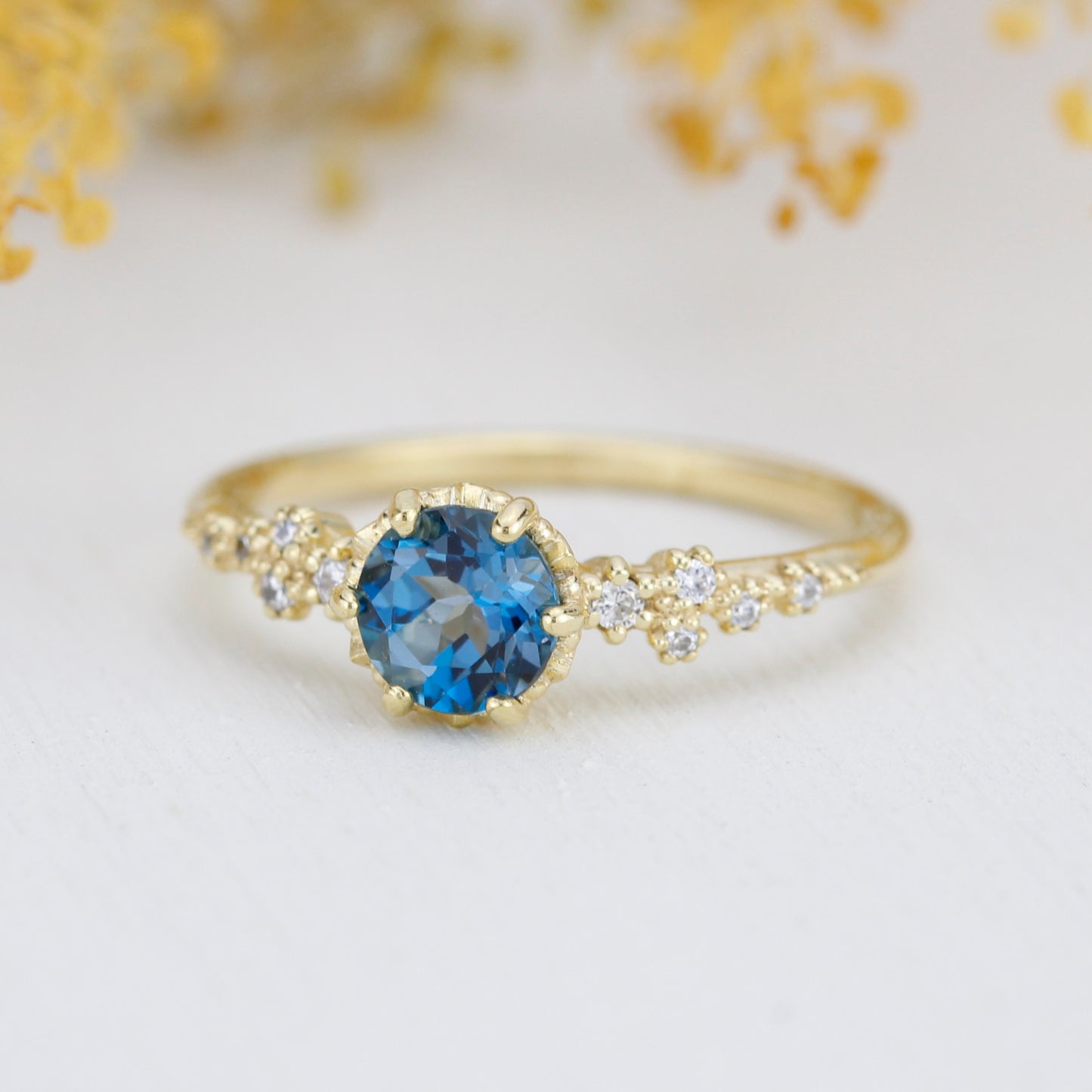 Alternative engagement ring, Unique engagement ring, vintage engagement ring, London blue topaz and diamond cluster ring | R347LBT