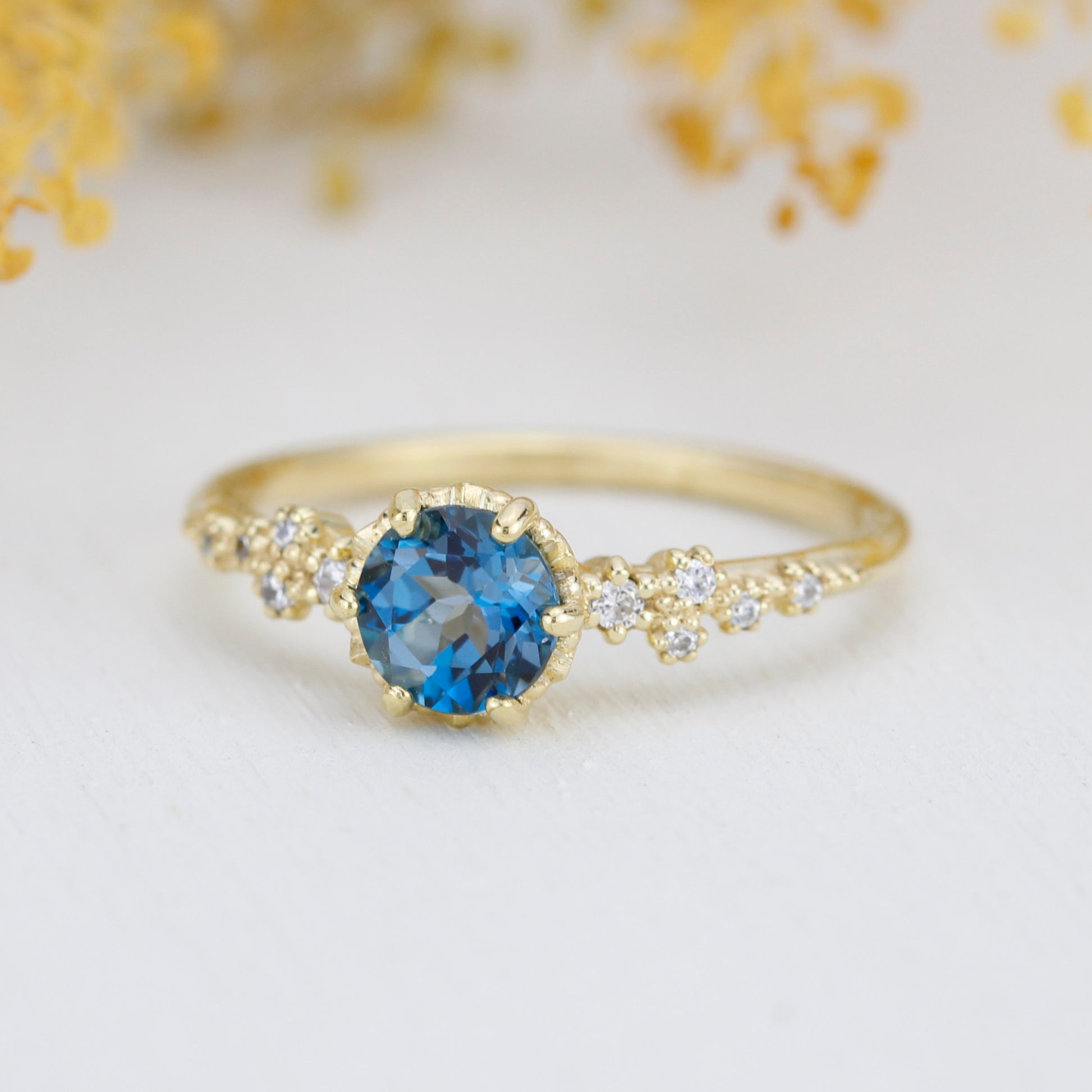 Alternative engagement ring, Unique engagement ring, vintage engagement ring, London blue topaz and diamond cluster ring | R347LBT