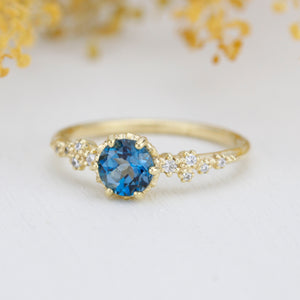 Alternative engagement ring, Unique engagement ring, vintage engagement ring, London blue topaz and diamond cluster ring | R347LBT