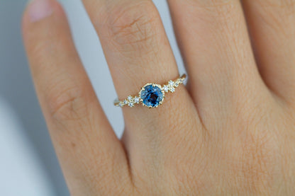 Alternative engagement ring, Unique engagement ring, vintage engagement ring, London blue topaz and diamond cluster ring | R347LBT