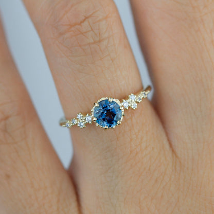 Alternative engagement ring, Unique engagement ring, vintage engagement ring, London blue topaz and diamond cluster ring | R347LBT