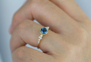 Alternative engagement ring, Unique engagement ring, vintage engagement ring, London blue topaz and diamond cluster ring | R347LBT