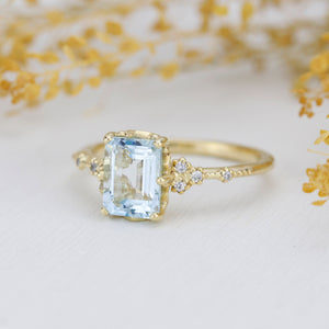 Emerald cut aquamarine engagement ring, statement aquamarine ring, engagement ring women| R348AQ