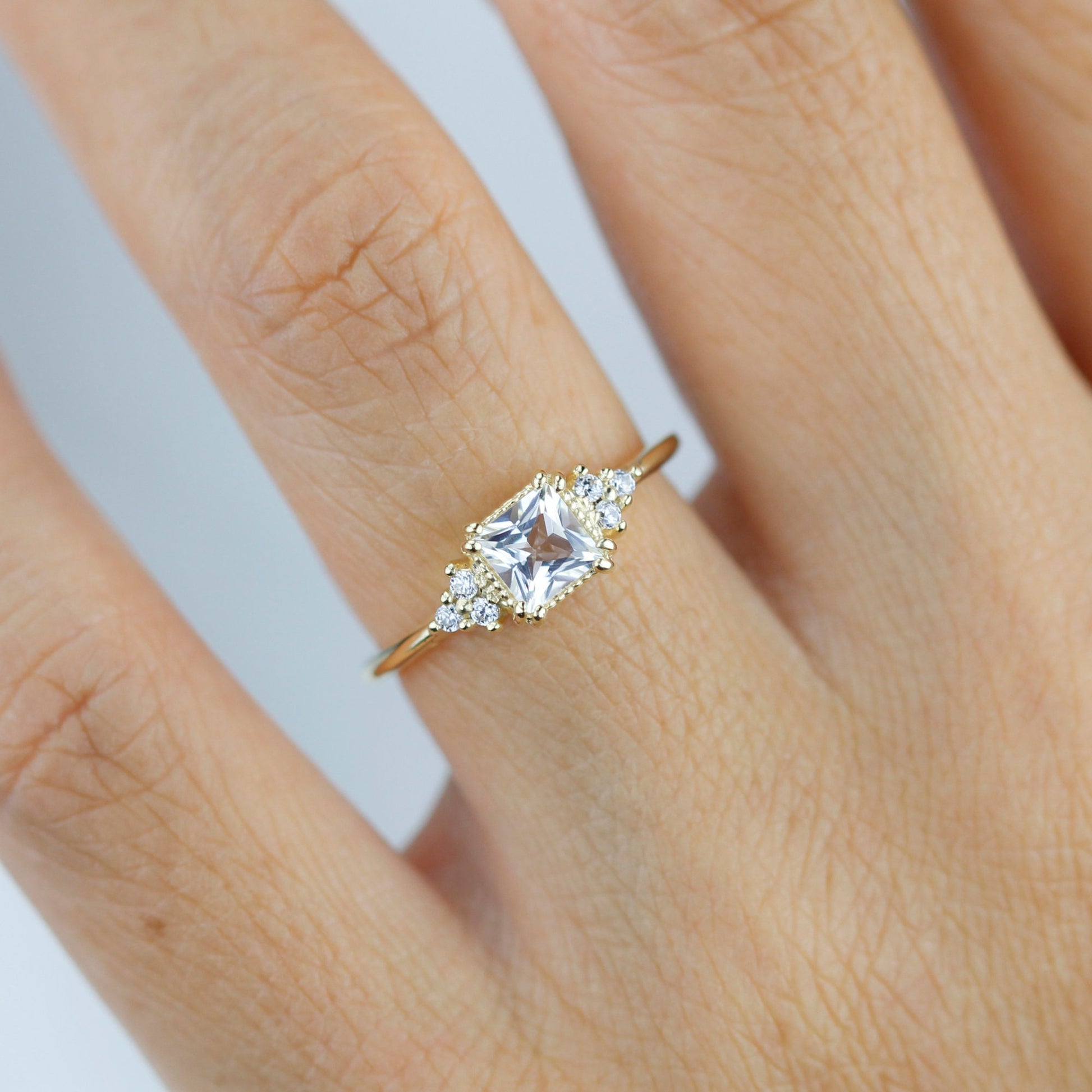 Princess cut engagement ring, diamond ring, simple ring, white topaz and diamond ring, simple diamond ring | R 344WT