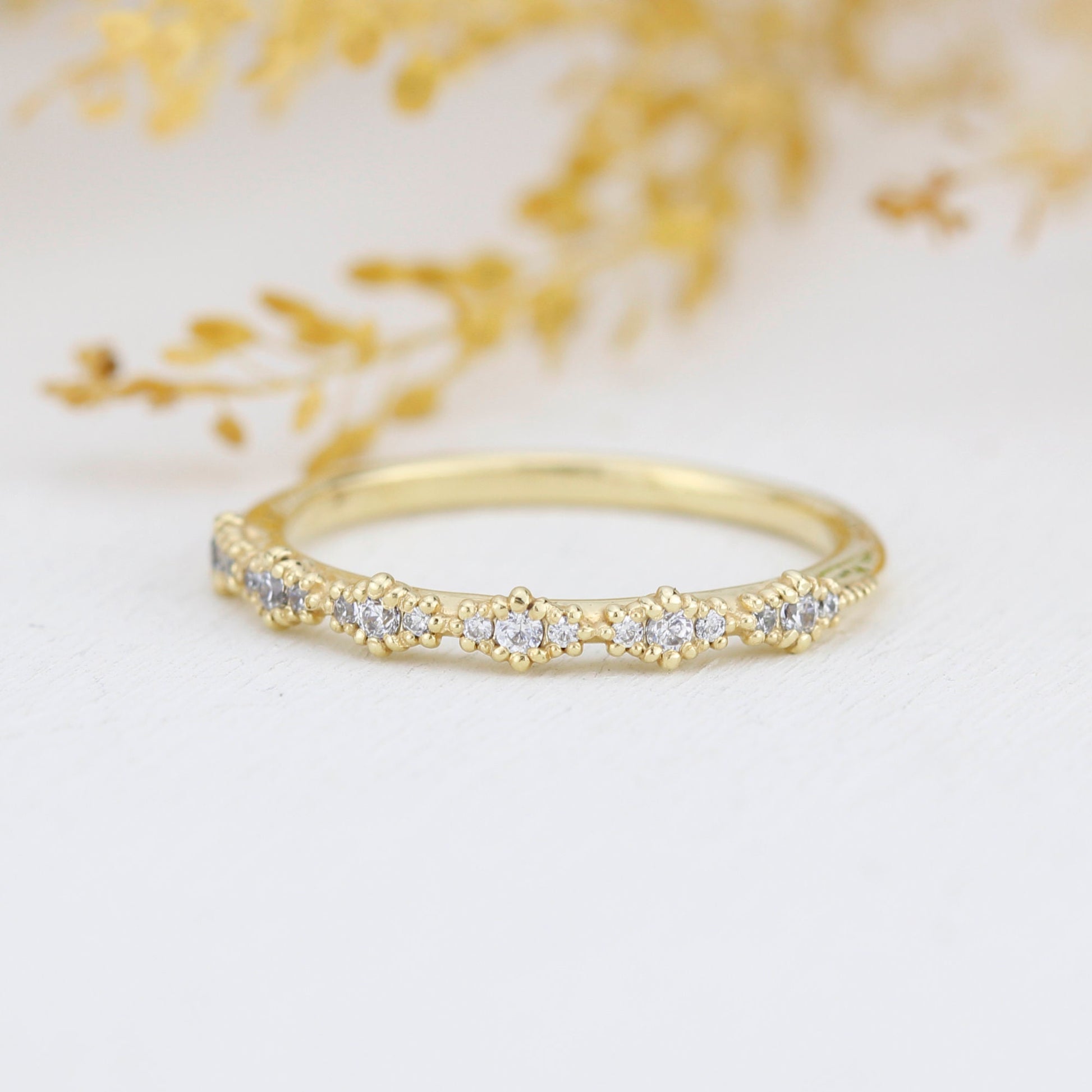 Diamond eternity band, vintage diamond engagement ring, half eternity band, Lace wedding band, Delicate gold lace ring | R 346WD