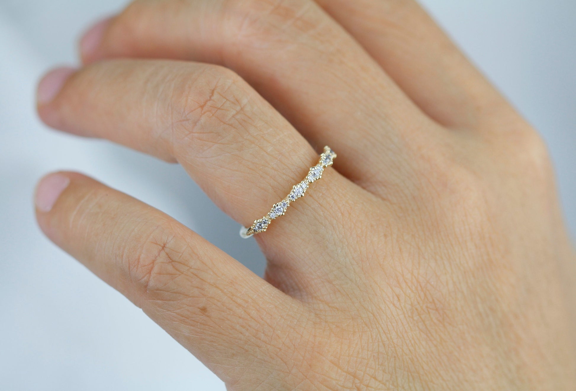 Diamond eternity band, vintage diamond engagement ring, half eternity band, Lace wedding band, Delicate gold lace ring | R 346WD