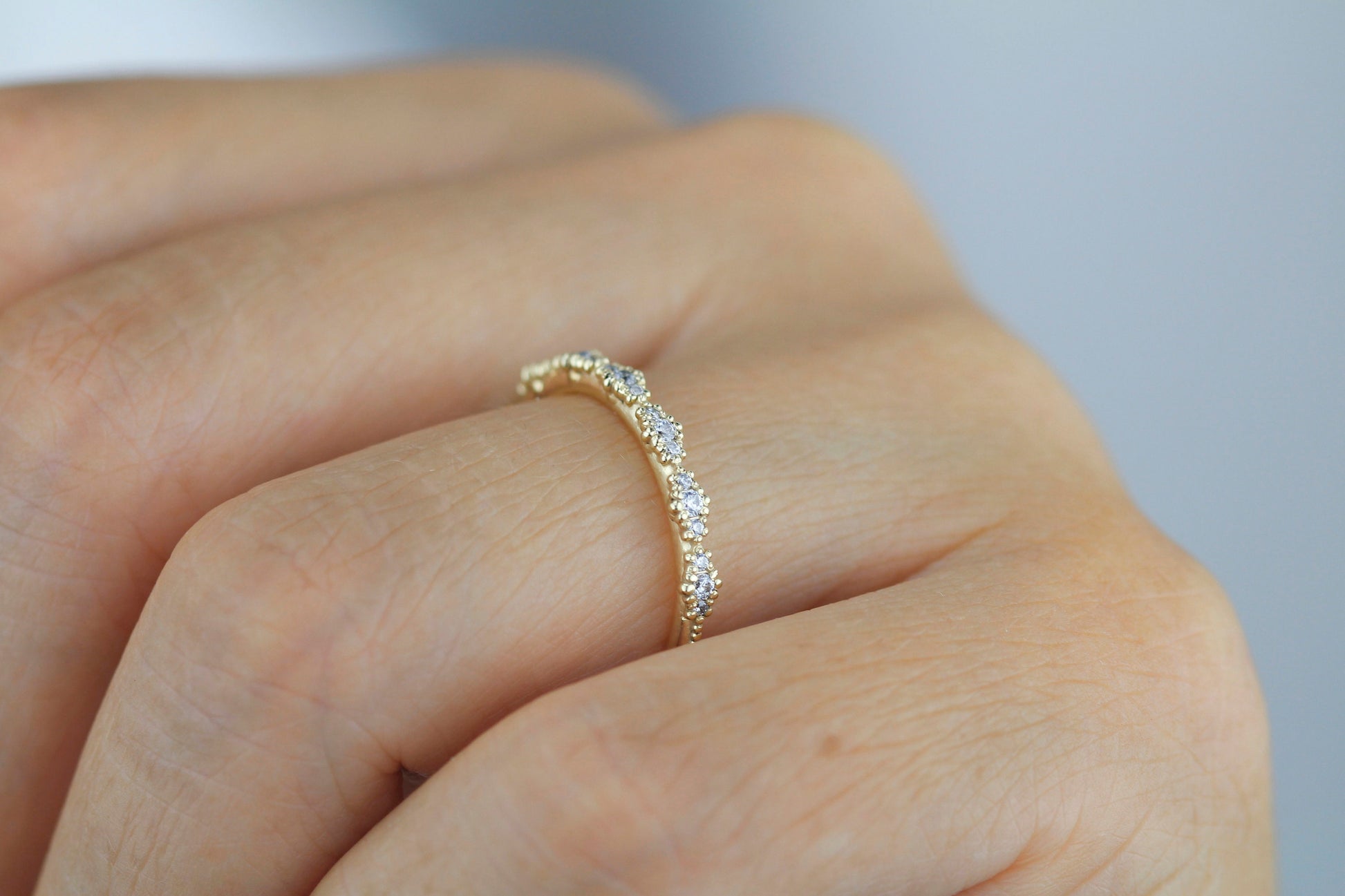 Diamond eternity band, vintage diamond engagement ring, half eternity band, Lace wedding band, Delicate gold lace ring | R 346WD