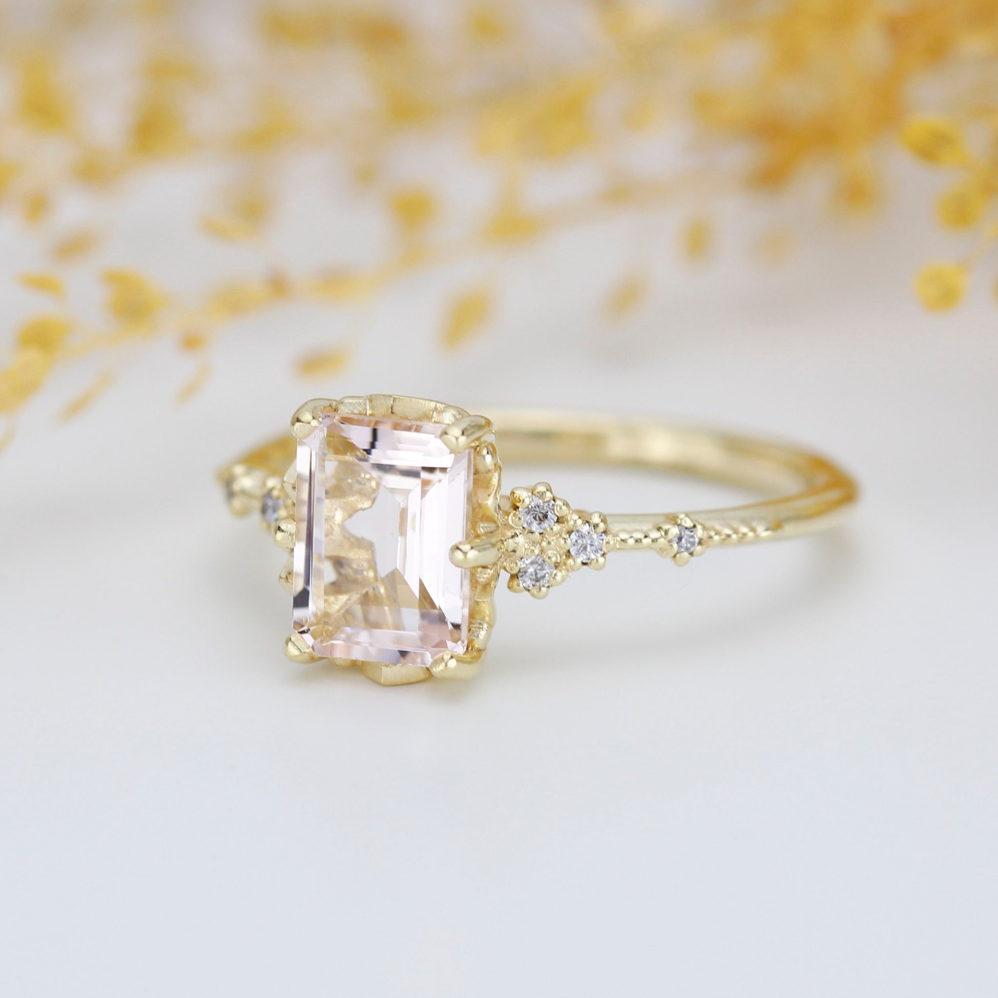 18k gold Morganite engagement ring, statement aquamarine ring, Emerald cut emerald cut vintage ring| R348MO
