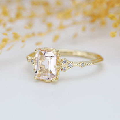 18k gold Morganite engagement ring, statement aquamarine ring, Emerald cut emerald cut vintage ring| R348MO