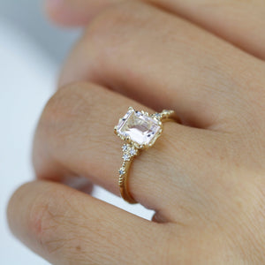 18k gold Morganite engagement ring, statement aquamarine ring, Emerald cut emerald cut vintage ring| R348MO