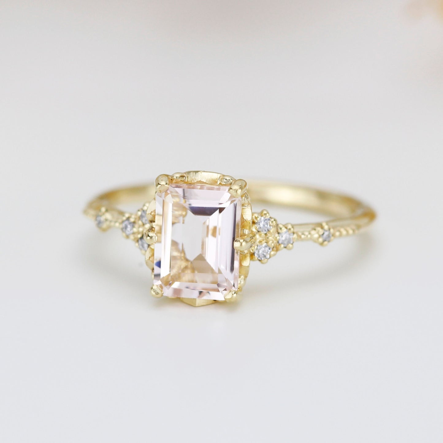 18k gold Morganite engagement ring, statement aquamarine ring, Emerald cut emerald cut vintage ring| R348MO