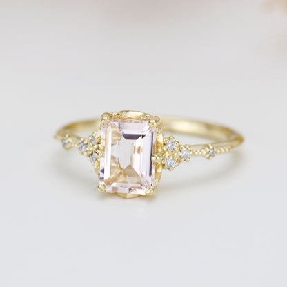 18k gold Morganite engagement ring, statement aquamarine ring, Emerald cut emerald cut vintage ring| R348MO