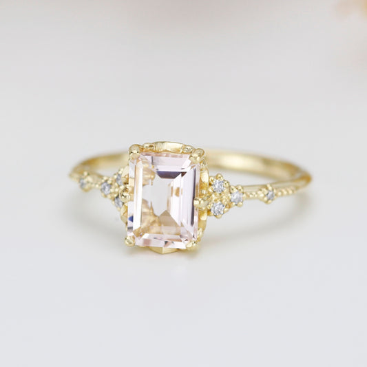 18k gold Morganite engagement ring, statement aquamarine ring, Emerald cut emerald cut vintage ring| R348MO