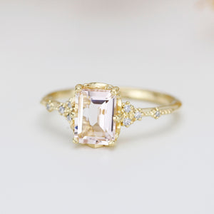 18k gold Morganite engagement ring, statement aquamarine ring, Emerald cut emerald cut vintage ring| R348MO