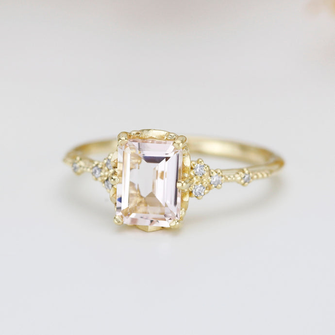 18k gold Morganite engagement ring, statement aquamarine ring, Emerald cut emerald cut vintage ring| R348MO