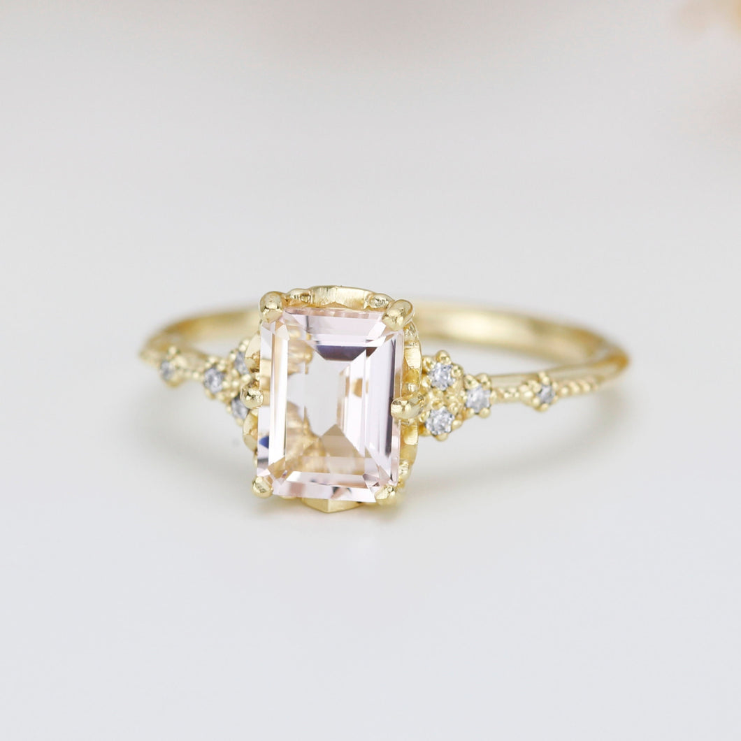 18k gold Morganite engagement ring, statement aquamarine ring, Emerald cut emerald cut vintage ring| R348MO