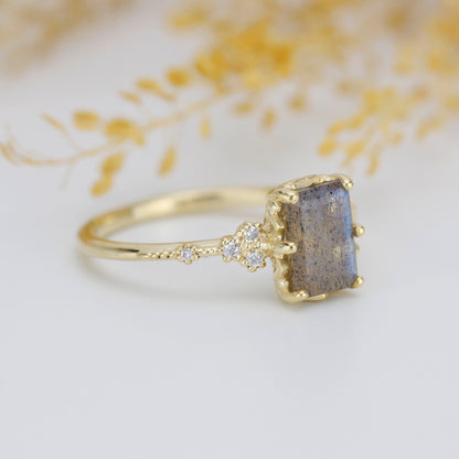 Labradorite engagement ring, emerald cut labradorite, emerald cut vintage ring| R348LABR
