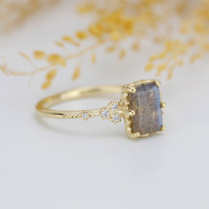 Labradorite engagement ring, emerald cut labradorite, emerald cut vintage ring| R348LABR