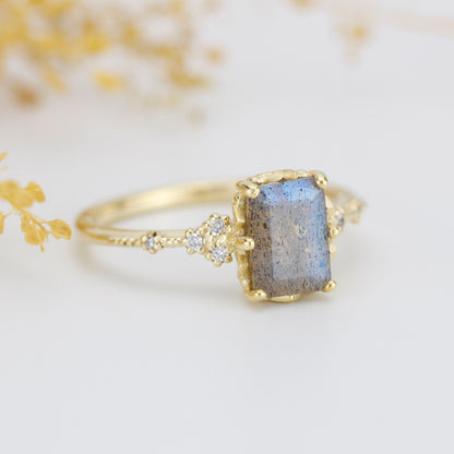 Labradorite engagement ring, emerald cut labradorite, emerald cut vintage ring| R348LABR