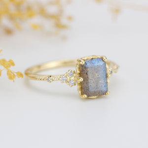Labradorite engagement ring, emerald cut labradorite, emerald cut vintage ring| R348LABR
