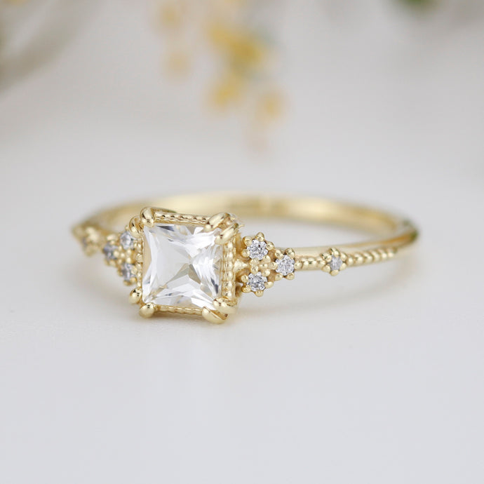 princess cut engagement ring, white topaz engagement ring, vintage inspired engagement ring |   R338WT