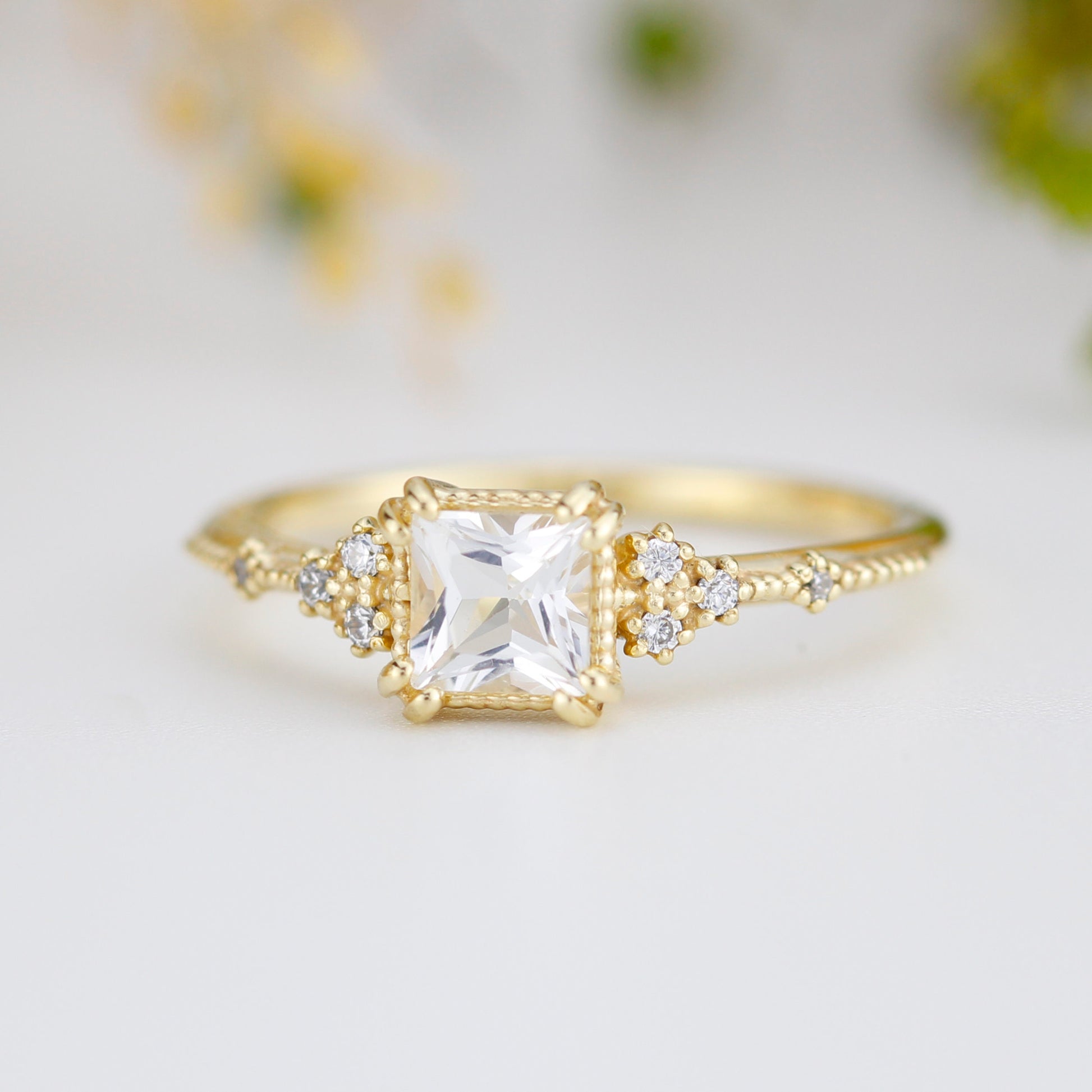 princess cut engagement ring, white topaz engagement ring, vintage inspired engagement ring |   R338WT
