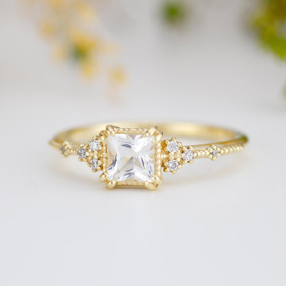 princess cut engagement ring, white topaz engagement ring, vintage inspired engagement ring |   R338WT