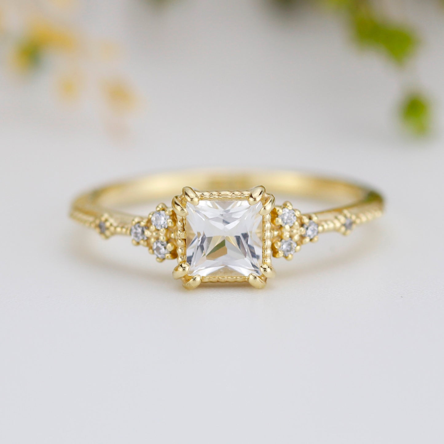 princess cut engagement ring, white topaz engagement ring, vintage inspired engagement ring |   R338WT