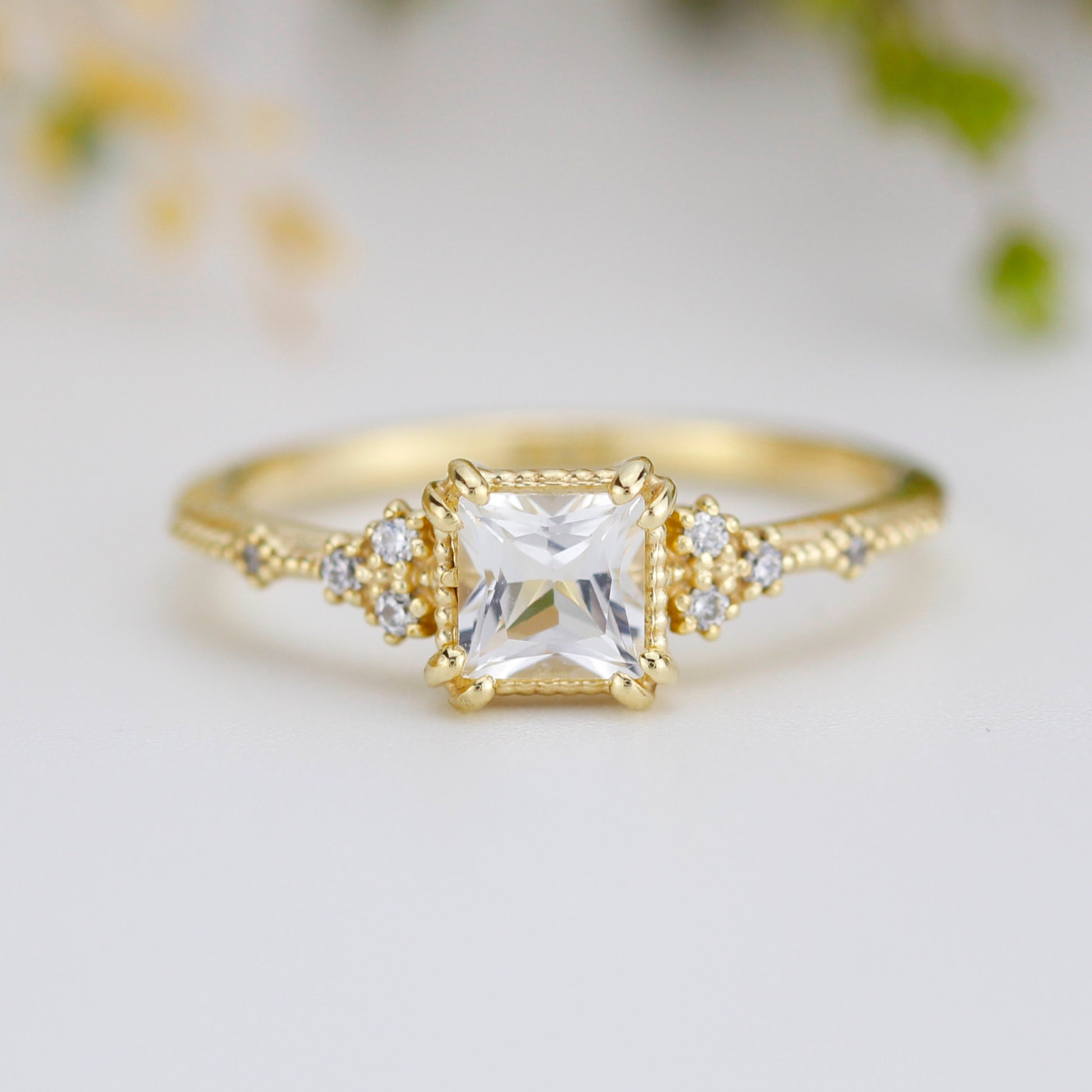 princess cut engagement ring, white topaz engagement ring, vintage inspired engagement ring |   R338WT
